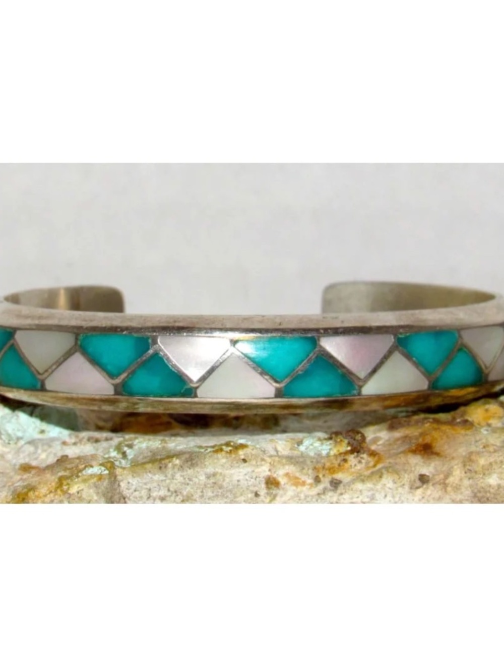 Old Pawn Zuni Inlay Turquoise MOP Cuff Bracelet Lorrie and Marcie Kallestewa